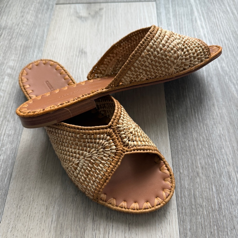 Carrie Forbes Raffia Tan Woven Leather Slide Sandals indie boho 7.5 - Picture 7 of 9